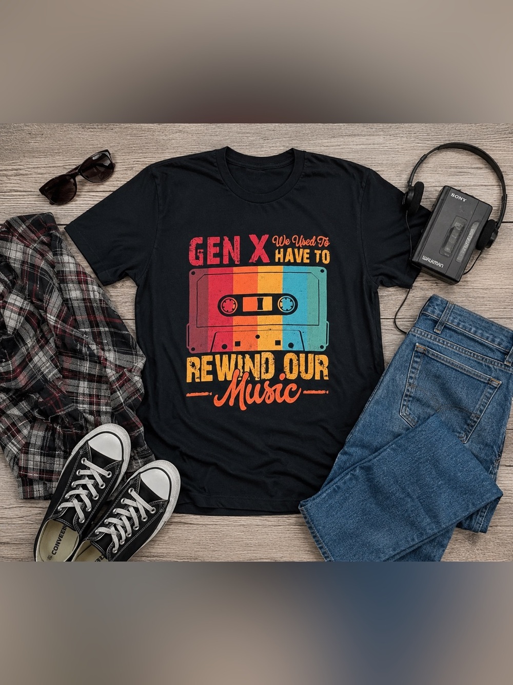 Gen X Rewind Our Music T Shirt Mens 2XL Retro Cassette Tape Graphic Tee Black